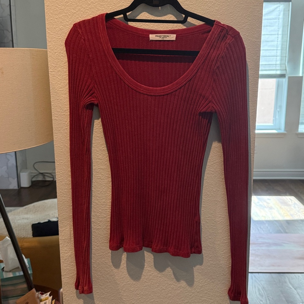 Project Social T Red Ribbed Long Sleeve Top